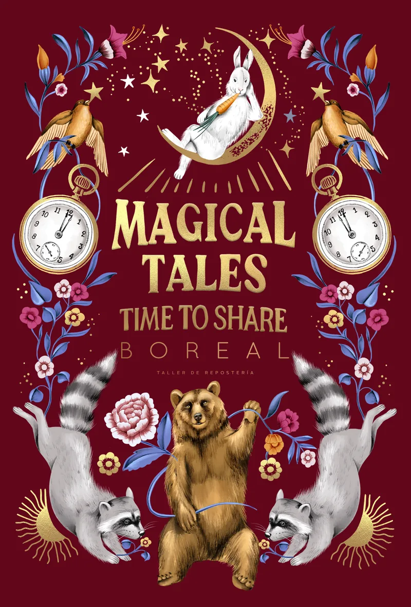 Postal «Magical Tales · Time to Share» de Boreal con conejo, luna, oso y mapaches ilustrados