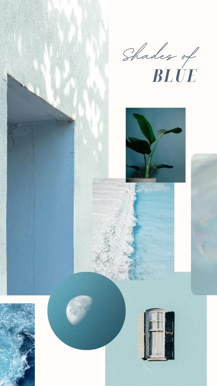 Collage «Shades of Blue»: muro azul, mar, luna y ventana — The Blue Side